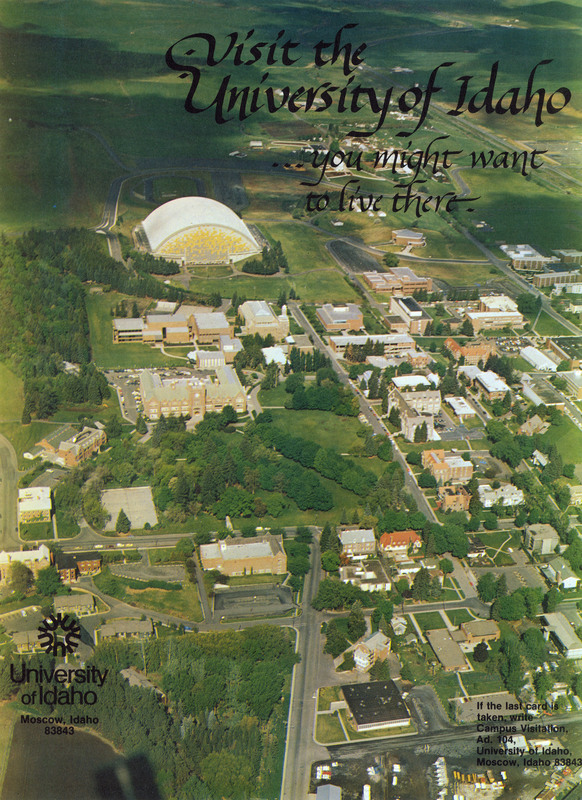 Poster advertising the University of Idaho. Text is overlaid over an aerial photograph of the University of Idaho campus.