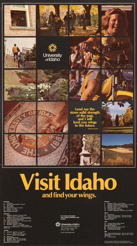 Poster advertising the University of Idaho. Yellow text reads, "Visit Idaho and find your wings" with fragmented photos of students and the campus. A calendar list of campus events are underneath the text and photos.
