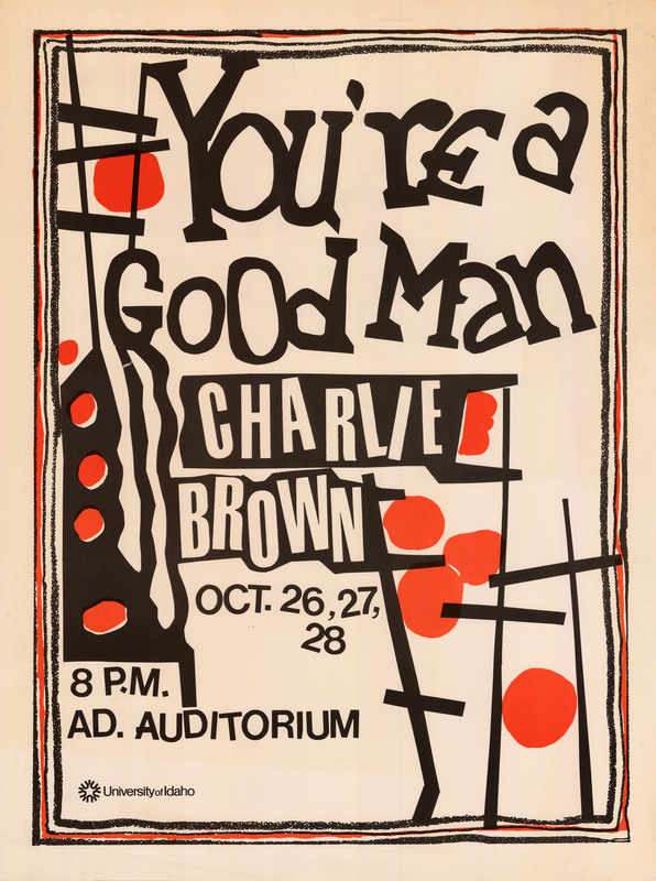 Poster advertising a performance of "You're a good man Charlie Brown" with brown and orange motifs.