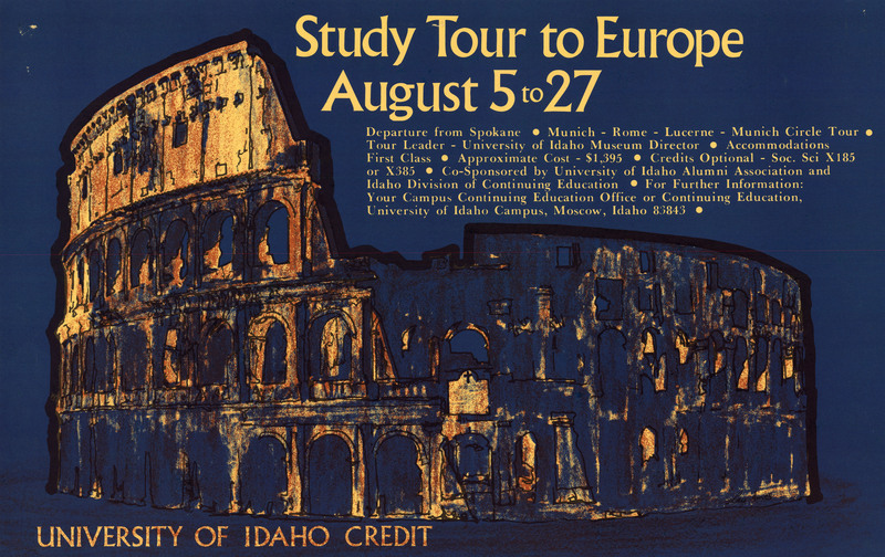 Blue and yellow poster advertising a study abroad program to Europe. Yellow text includes information about the program, which wraps around an illustration of the Colosseum in Rome. 