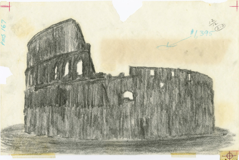 Three sketches of various stages of a poster for a study abroad program to Europe. First sketch is a graphite drawing of the Colosseum in Rome with a few handwritten mathematical notes. Second sketch is another sketch of the Colosseum building with a markered-in background and more defined graphite shading. Third sketch is the Colosseum illustration with text, margins and notes are written in blue. 