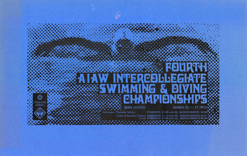 Blue poster advertising the fourth AIAW intercollegiate swimming and diving championships with information about admission. The text is overlaid on a highly rasterized image of a swimmer.