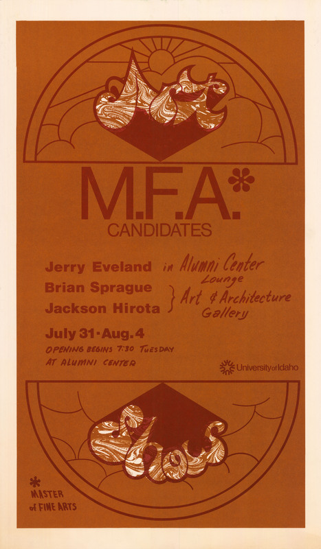 Orange poster advertising M.F.A. candidates' art shows for Jerry Eveland, Brian Sprague, and Jackson Hirota, in various places on campus, with an opening at the Alumni Center. The decorative words "Art Show" in half circles frame the text.
