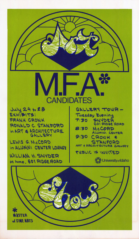 Lime green poster advertising M.F.A. shows in various places on campus including the Art and Architecture Gallery and the Alumni Center Lounge. The decorative words "Art Show" in half circles frame the text.
