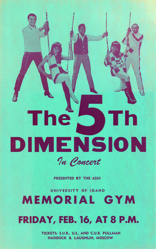 Blue poster with magenta text advertising the musical group, the 5th Dimension, in concert.