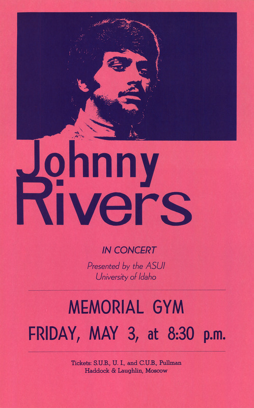 Pink poster with purple text and photograph of Johnny Rivers. 