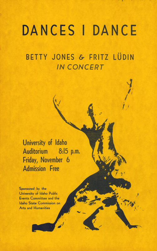 Yellow poster with dark blue text advertising a Betty Jones and Fritz Lüdin dance performance. Next the text is an image of two dancers in dark blue. 