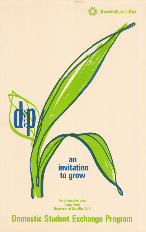 Poster advertising the Domestic Student Exchange Program with green and blue text and an illustration of two leaves.