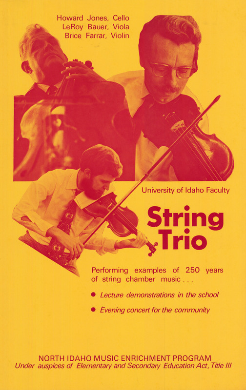 Yellow poster with pink text and photographs of the University of Idaho Faculty String Trio members, Howard Jones, LeRoy Bauer, and Brice Farrar. 
