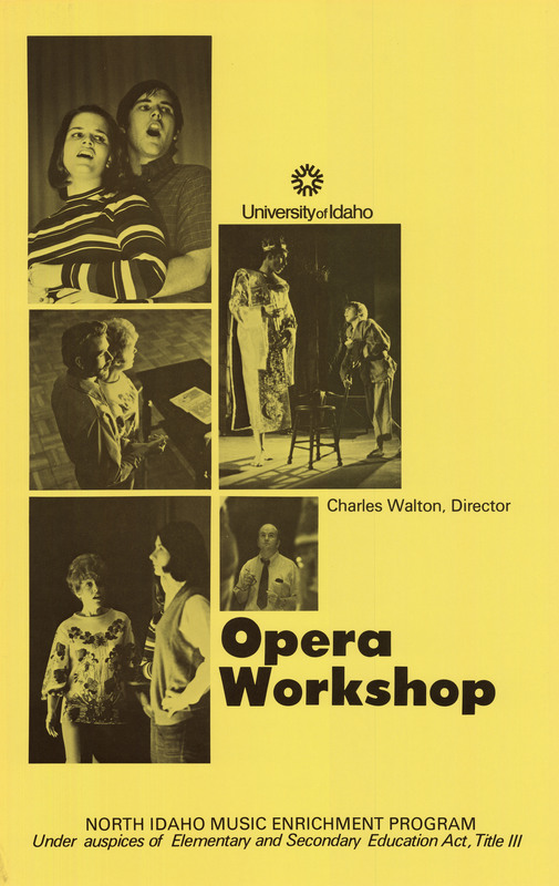 Yellow poster advertising the North Idaho Music Enrichment Program opera workshop with gray photographs and text of opera performers. 