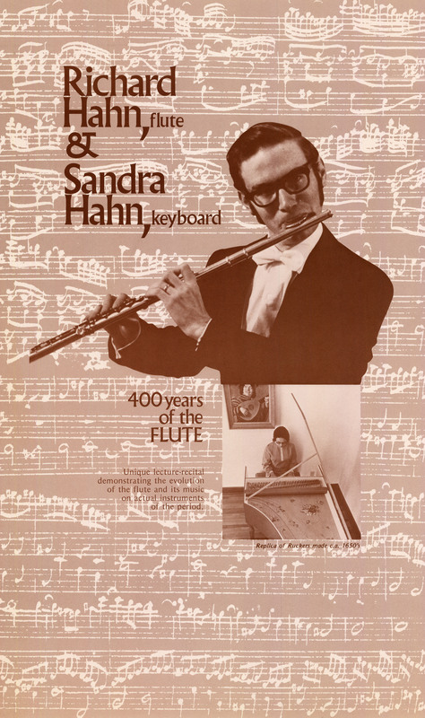 Poster advertising a lecture recital by Richard Hahn and Sandra Hahn. Brown photographs of the musicians and text is overlaid over the image of a musical score.