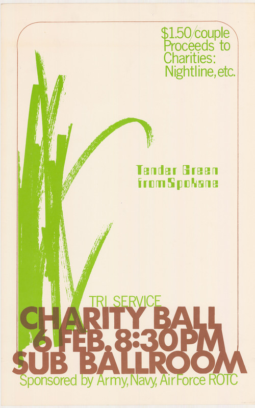 Poster advertising a Tri-Service charity ball featuring the band, Tender Green, and sponsored by Army, Navy, and Air Force ROTC. An abstracted illustration made up of green brushstrokes are on the left. 