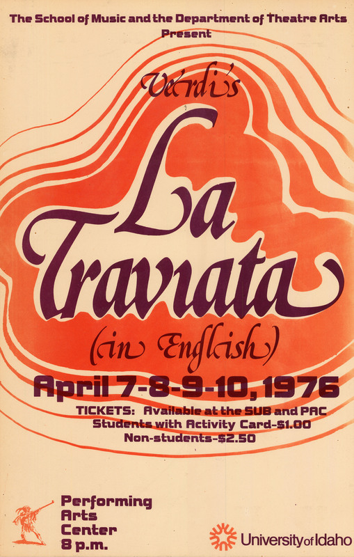 Poster advertising a performance of Verdi's La Traviata in English. The text is in purple and on a red and cream-colored background.