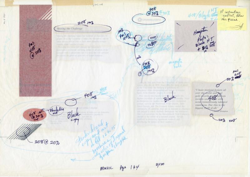 Layout drafts and tracing paper with handwritten notes for an article about the Lionel Hampton School of Music. The different layers of markings indicate various stages in design. Notes include indications for color designation and image placement.