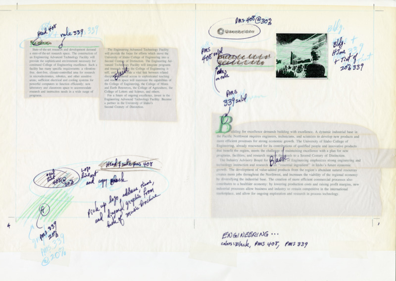 Layout drafts and tracing paper with handwritten notes for an article about the Engineering Advanced Technology Facility. The different layers of markings indicate various stages in design. Notes include indications for logo and image placement.