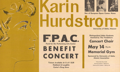 Poster advertising a F.P.A.C. benefit concert featuring Karin Hurdstrom. An illustration of Hurdstrom is on the left, some smaller thumbnail images of Hurdstrom in performance are on the top right corner.