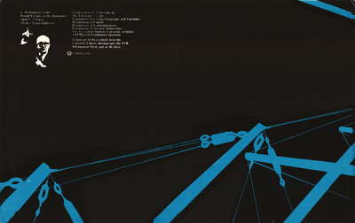 Black poster advertising R. Buckminster Fuller's lecture with information and a small image of Fuller in the top left corner. Blue lines and shapes, part of a larger image, fill the bottom half of the poster.