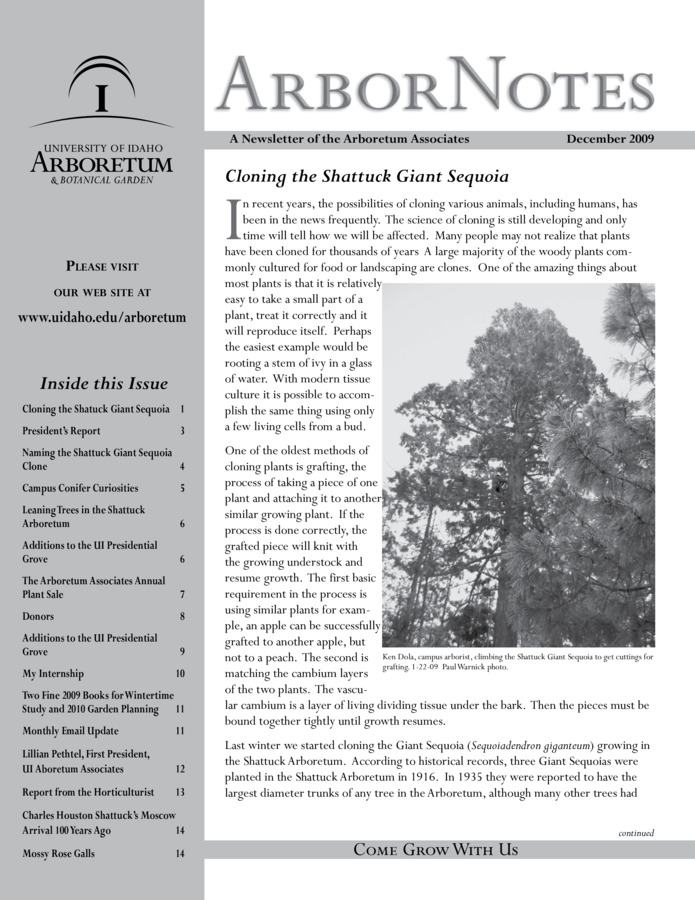 This December publication includes the subject headings: Cloning the Shattuck Giant Sequoia; President's Report; Naming the Shattuck Giant Sequoia Clone; Campus Conifer Curiosities; Leaning Trees in the Shattuck Arboretum; Additions to the UI Presidential Grove on the Administration Building Lawn: President F.W DeKlerk Plants a Tree in the UI Presidential Grove; The Arboretum Associates Annual Plant Sale; Arboretum Associates Donor Roll; My Internship; Two Fine 2009 Books for Wintertime Study and 2010 Garden Planning; Lillian Pethtel (1912-2009), First President, UI Arboretum Associates; Report from the Horticulturist; Charles Houston Shattuck's Moscow Arrival 100 Years Ago; Mossy Rose Galls.