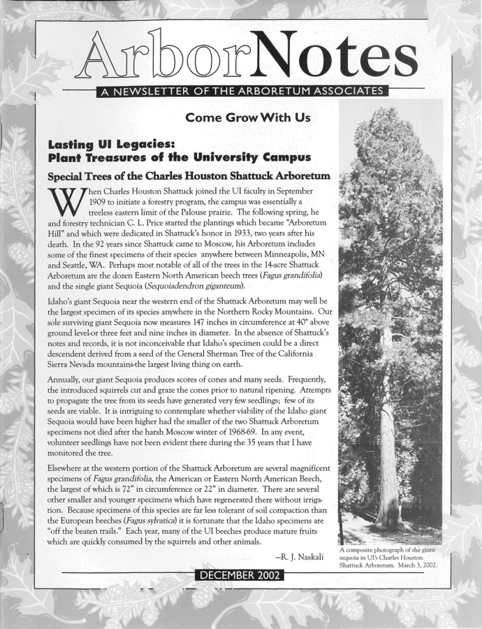 This December publication includes the subject headings: Lasting UI Legacies: Plant Treasures of the University Campus; News from the Arboretum Director; Arboretum Associates Purchases; Xeriscape Demonstration Garden; Plant Sale a Growing Success; Summer Concert Draws Appreciative Crowd; Other Arboretum News; Mark Your Calendars: Some Botanical Events; Some Animal Resistant Garden Flowers; Donor Roll; Message from the President.
