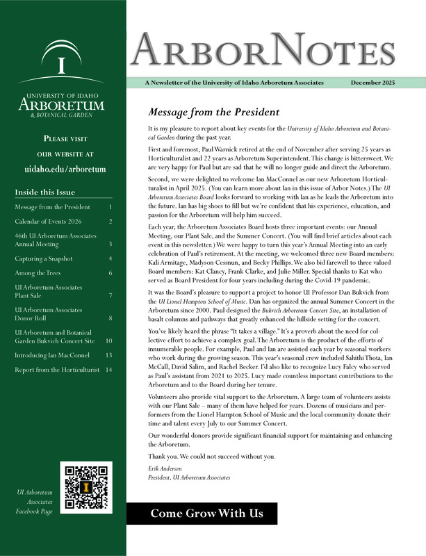 Message from the President, Calendar of Events 2026, 46th UI Arboretum Associates Annual Meeting, Capturing a Snapshot, Among the Trees, UI Arboretum Associates Plant Sale, UI Arboretum Associates Donor Roll, UI Arboretum and Botanical Garden Bukvich Concert Site, Introducing Ian MacConnel, Report from the Horticulturist