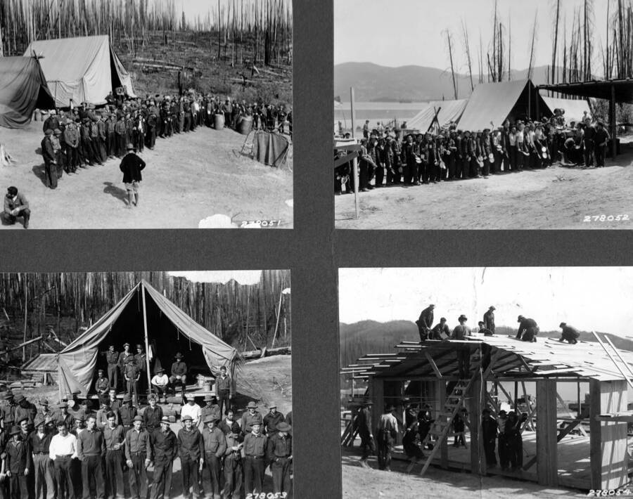 Four photographs showing scenes from a Civilian Conservation Corps camp.