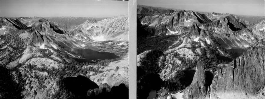 Two photographs showing aerial views of Big Horn Crags across Wilson and Harbor Lakes in the Salmon-Challis National Forest.