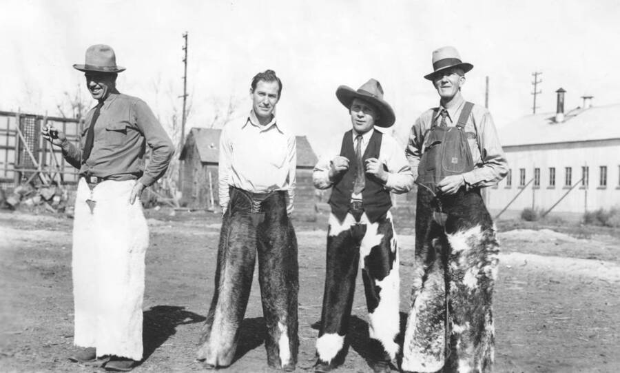 Photo text: 'Chaps made out of tanned Drouth Relief Cow Hide.' This image is part of a report by the United States Department of Agriculture Biological Survey on predation and pests.