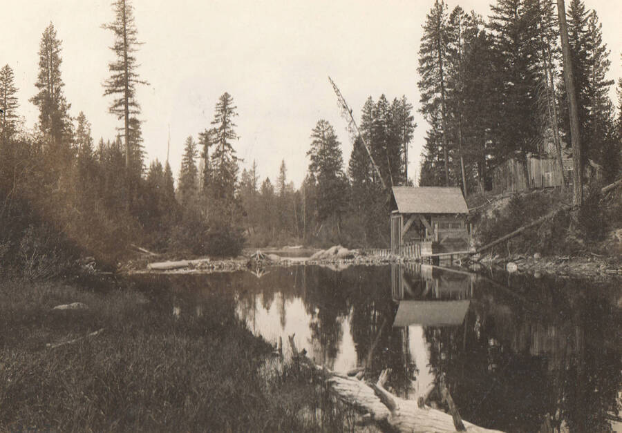 Buildings on Payette Lake. Note: This image is part of records for Bureau of Reclamation projects.