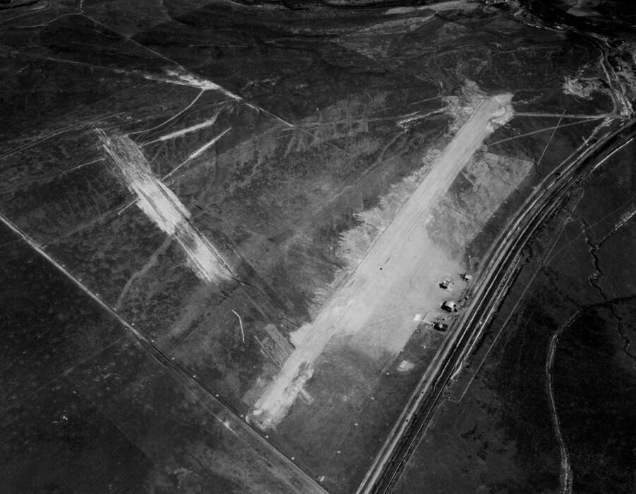 Aerial image of initial construction of airstrips for McDougall Field also know as Pocatello Municipal Airport. This airfield was used as the municipal airport until 1951 when operation were moved about two miles west to the former Pocatello Army Air Base where the current airfield still resides.