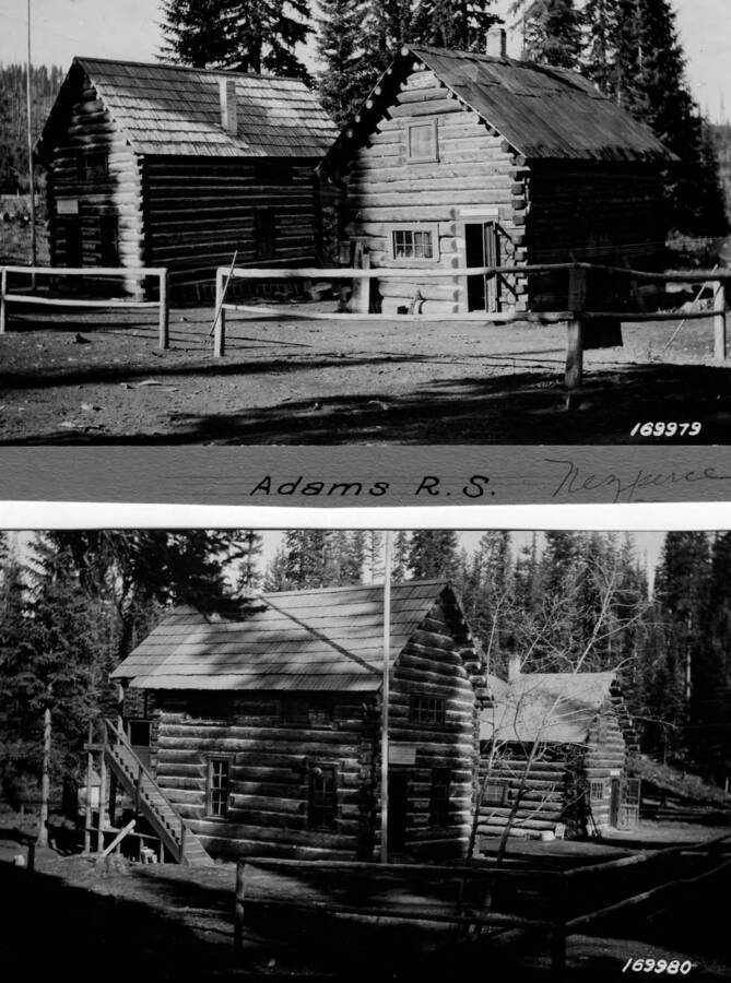 Two log buildings (one two stories) and fencing of Adams Ranger Station.