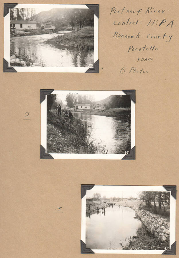 A view of a flooding Portneuf River. A house sits near the bank in the background. Image part of a WPA project series. Note: This image is part of a Work Progress Administration publicity series.