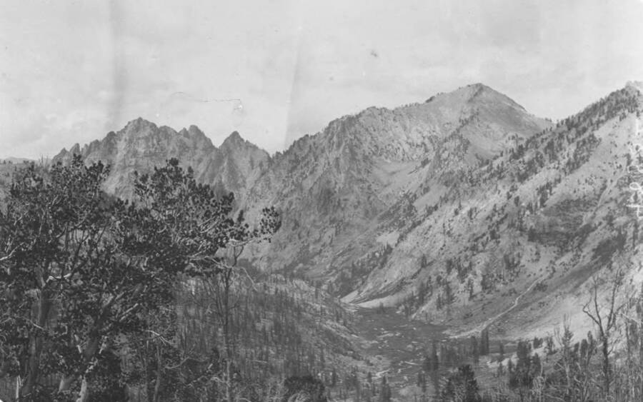 Photo text: 'Looking down Mattingly Creek Canyon, showing canyon of Middle Creek Boise River in the background. This region is in the proposed reserve.' This is image is part of a report on the proposed Sawtooth Forest Reserve by Hugh P. Baker, 1904.