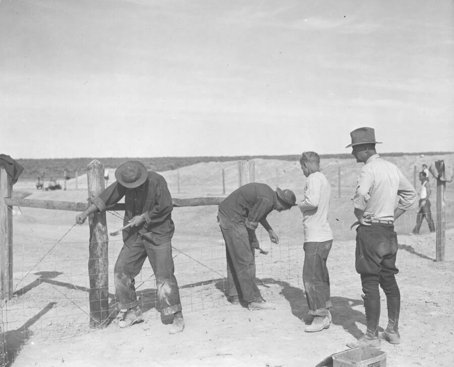 CCC workers from Mountain Home Camp G-99 nail fencing to posts. Image part of CCC-Idaho Indian Division.