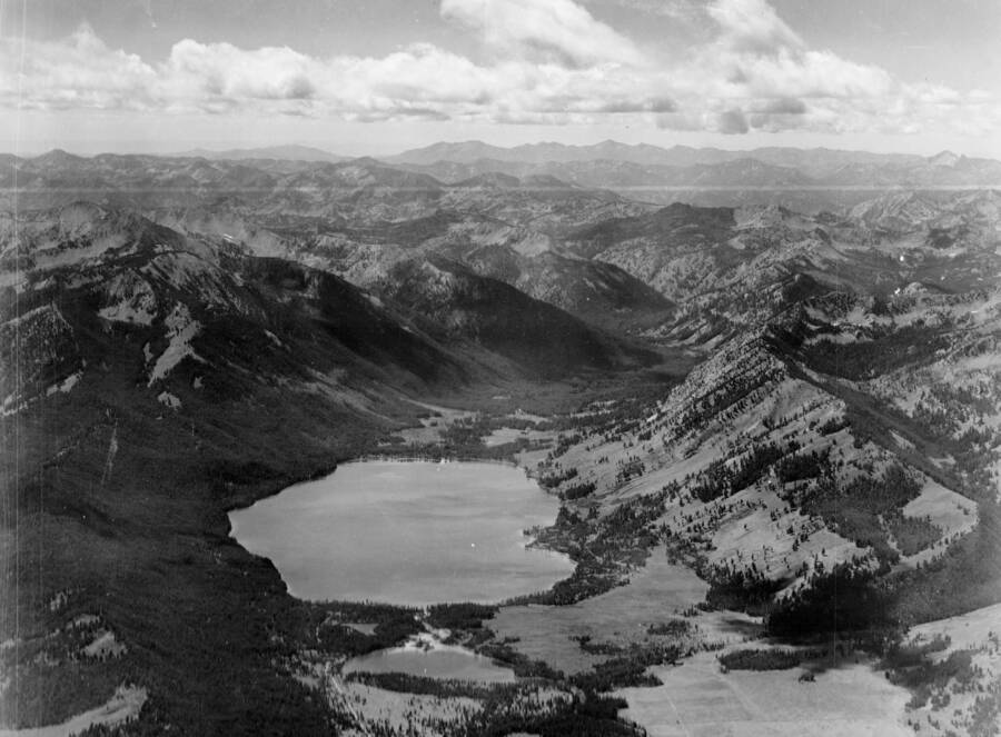 Photo caption: 'Large lake is Alturas Lake. Small one is Perkins Lake. Looking up Alturas Lake Creek. First right hand drainage is Alpine Creek. Taken from a position approx. over intersection of Hailey-Stanley Highway and Alturas Lake road looking southwest.