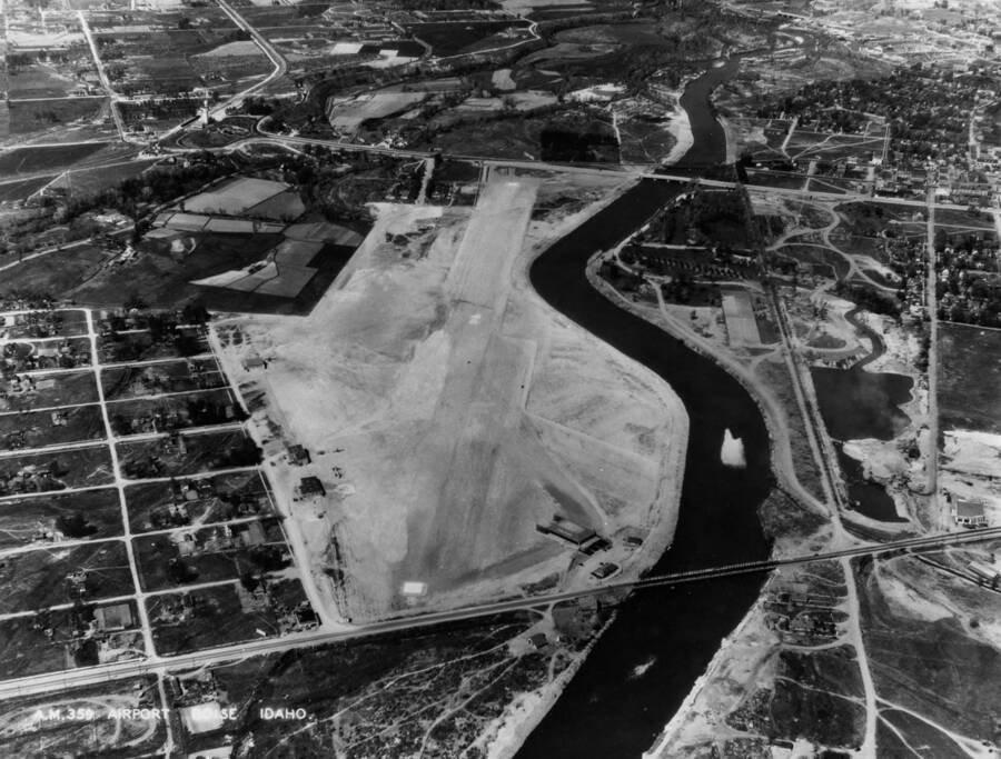 Aerial image and survey of first Boise Airport near Boise River, the current site of Boise State University