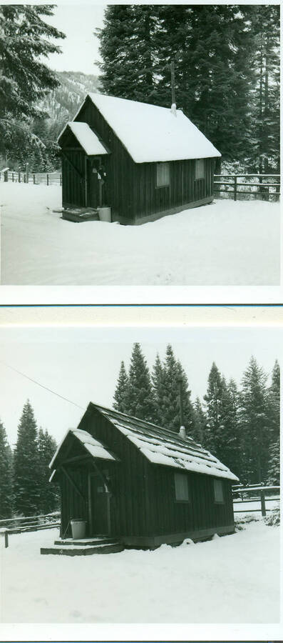Two photographs of the bunk houses at the Moose Creek Ranger Station, Bitterroot National Forest.