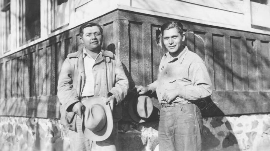 President of Nez Perce Farm Chapter, David Arthur and Secretary, Richard Moffett. Kamiah Farm Chapter. This image is part of a report regarding farm organizations among tribes in Northern Idaho and the CCC-Indian Division.
