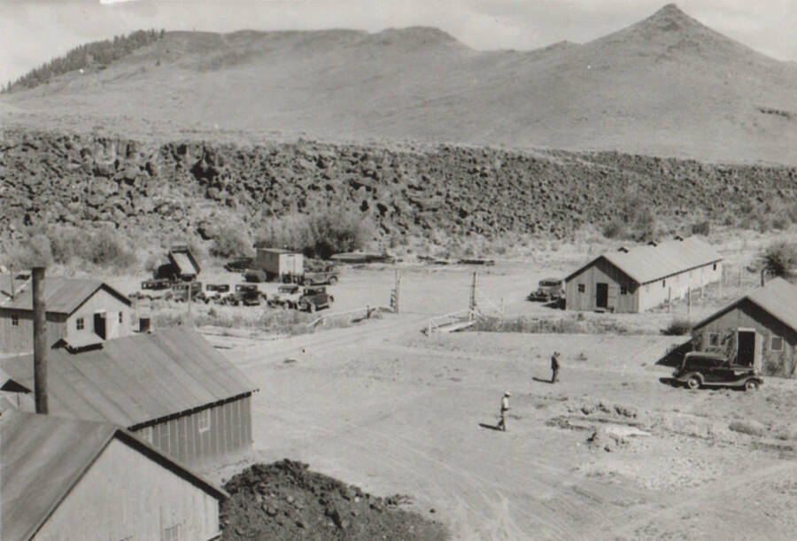 Photo text: 'Carey Camp - Camp and construction scenes for irrigation reservoir on Little Wood River in Blaine County.' Note: This image is part of a Work Progress Administration publicity series.