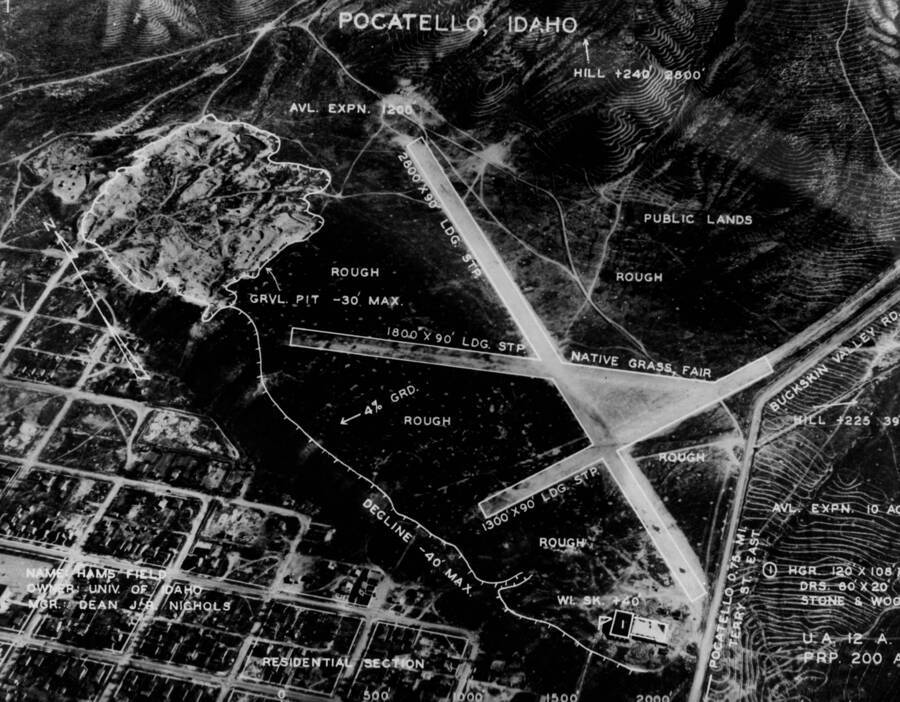 Aerial image and survey of Ham's Field also known as University Airport in Pocatello, Idaho. Idaho State University occupied the site currently.
