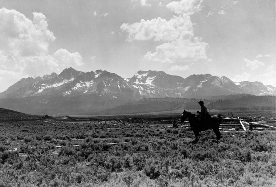 A photograph of a cowboy in the Stanley Basin with the Sawtooth Range in the background.