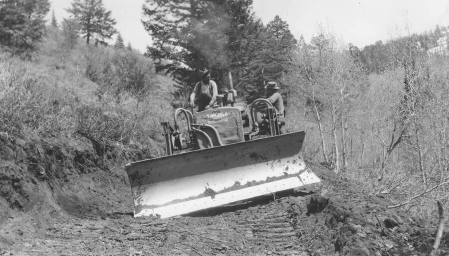 Mill Creek trail reconstruction work, after clearing.' Note: This image is part of a report by V.W. Balderson to Director of Indian Affairs, D.E. Murphy on CCC-Indian Division Projects completed by the Fort Hall Agency, Fort Hall, Idaho.
