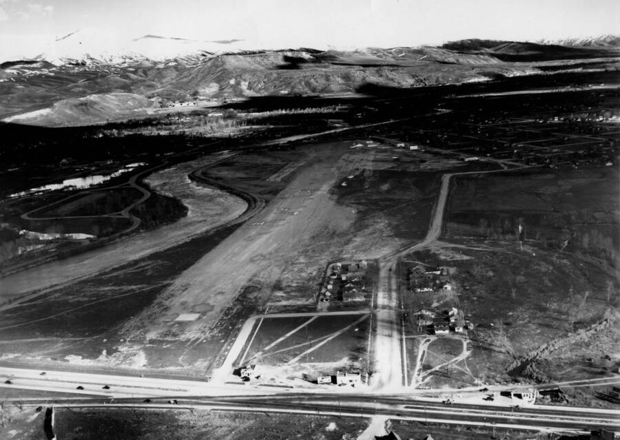 Aerial image of airstrips, runways, and building as part of the Boise Airport site.