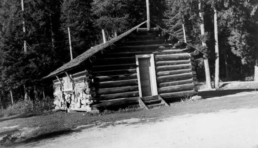 Powell Ranger Station, log building with gear hanging outside