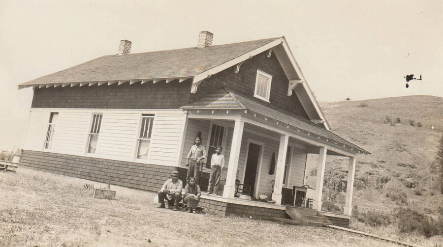 Photo caption: 'New home of Jesse James, Kooskia, Idaho, Nez Perce, July 25 1928.' This image is part of a report to the Commissioner of Indian Affairs, C.H. Burke, on the Fort Lapwai Indian Agency and School.