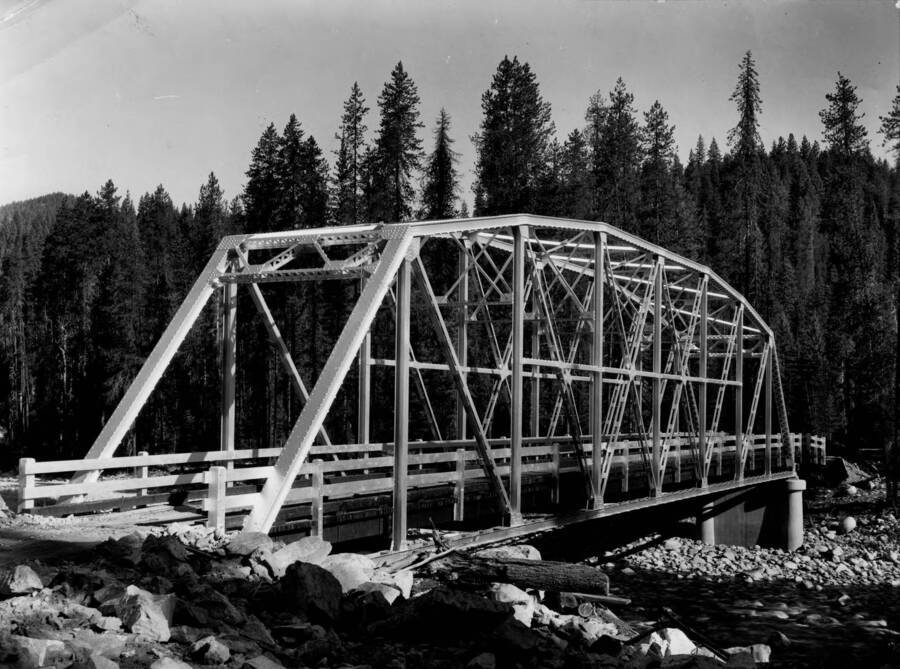 A steel bridge that spans the Lochsa river in the Clearwater National Forest.