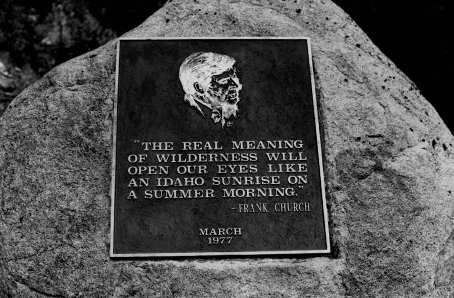 Sign: 'The real meaning of wilderness will open our eyes like an Idaho sunrise of a summer morning.' - Frank Church, March 1977, includes silhouette portrait of Frank Church.