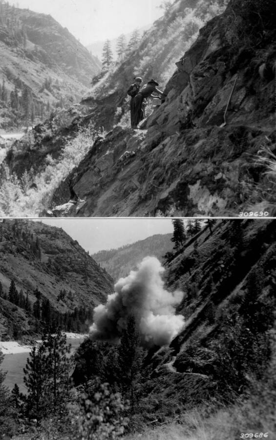 Two photographs of the Civilian Conservation Corps blasting and road construction on Salmon River above French Creek in the Salmon-Challis National Forest.