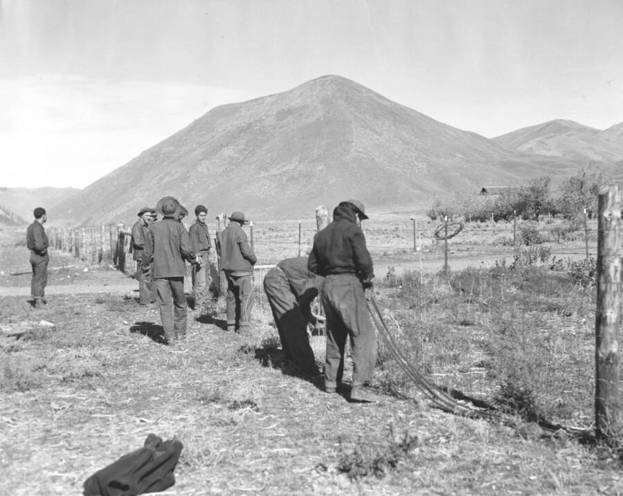 A group of CCC workers from Mountain Home Camp G-99 work on a post and wire-net fence. Image part of CCC-Idaho Indian Division.
