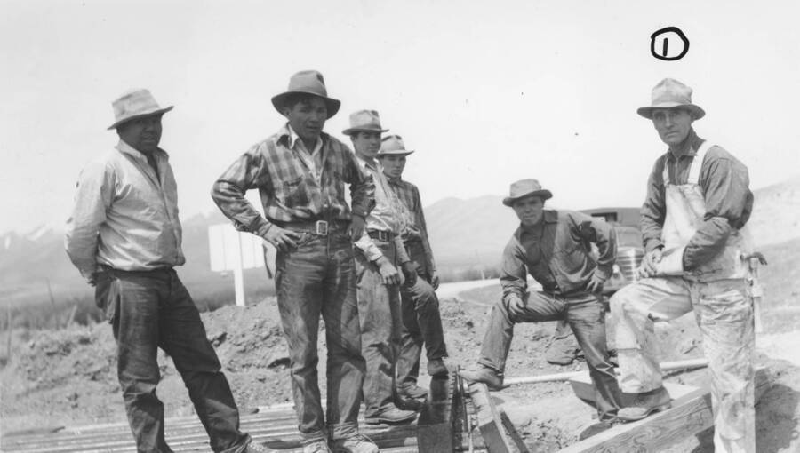 Construction of cattle guard crew for Bannock area. 1. Foreman Earl Cutler and crew. Project #137.' Note: This image is part of a report by V.W. Balderson to Director of Indian Affairs, D.E. Murphy on CCC-Indian Division Projects completed by the Fort Hall Agency, Fort Hall, Idaho.