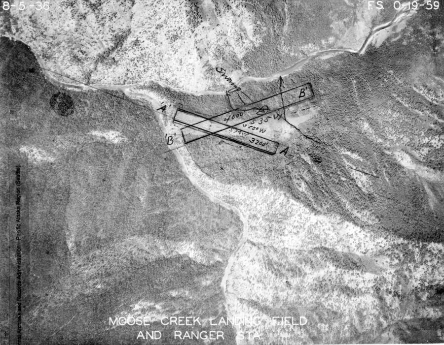 This image is part of a series of aerials, images, and planning documents for the Moose Creek Ranger Station landing field and strips.